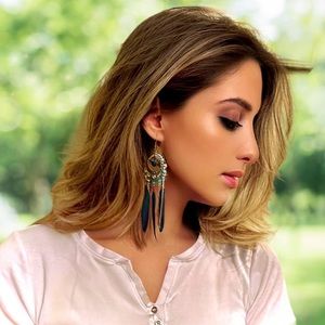 Cute Feather Earrings Long Teal Boho Hook Earring Alloy Drops & Danglers, New